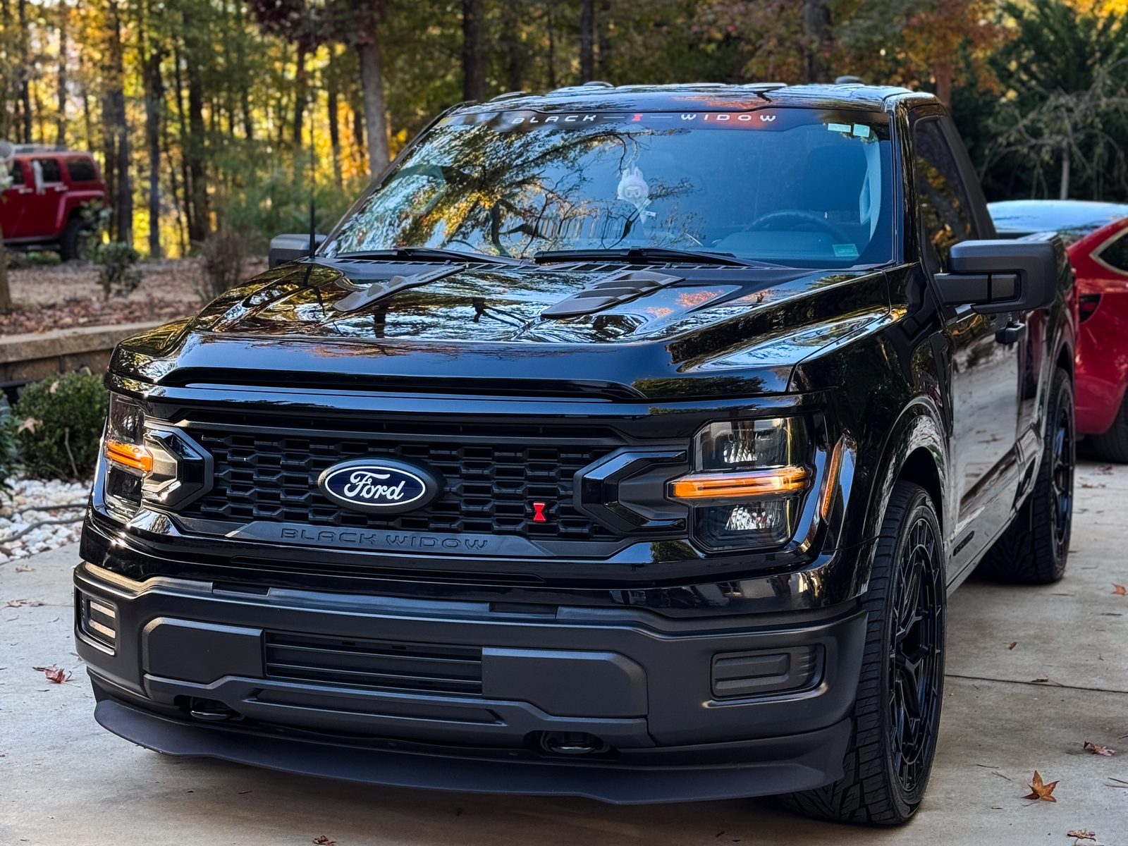 Black Ford pickup truck with fall trees behind, Red Wagon Detailing Charlotte NC